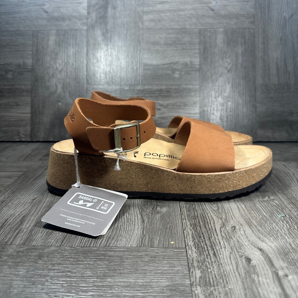 Papillio Sandals Womens 8 Cognac Brown Leather Platform Chunky Ankle Strap NEW